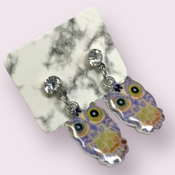 Multicolor Owl Rhinestone Studs Dangle Post Earrings - Picture 1 of 7